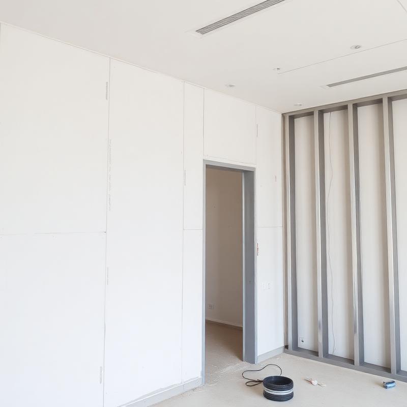 Divisoria de drywall em instalacao com estrutura metalica
